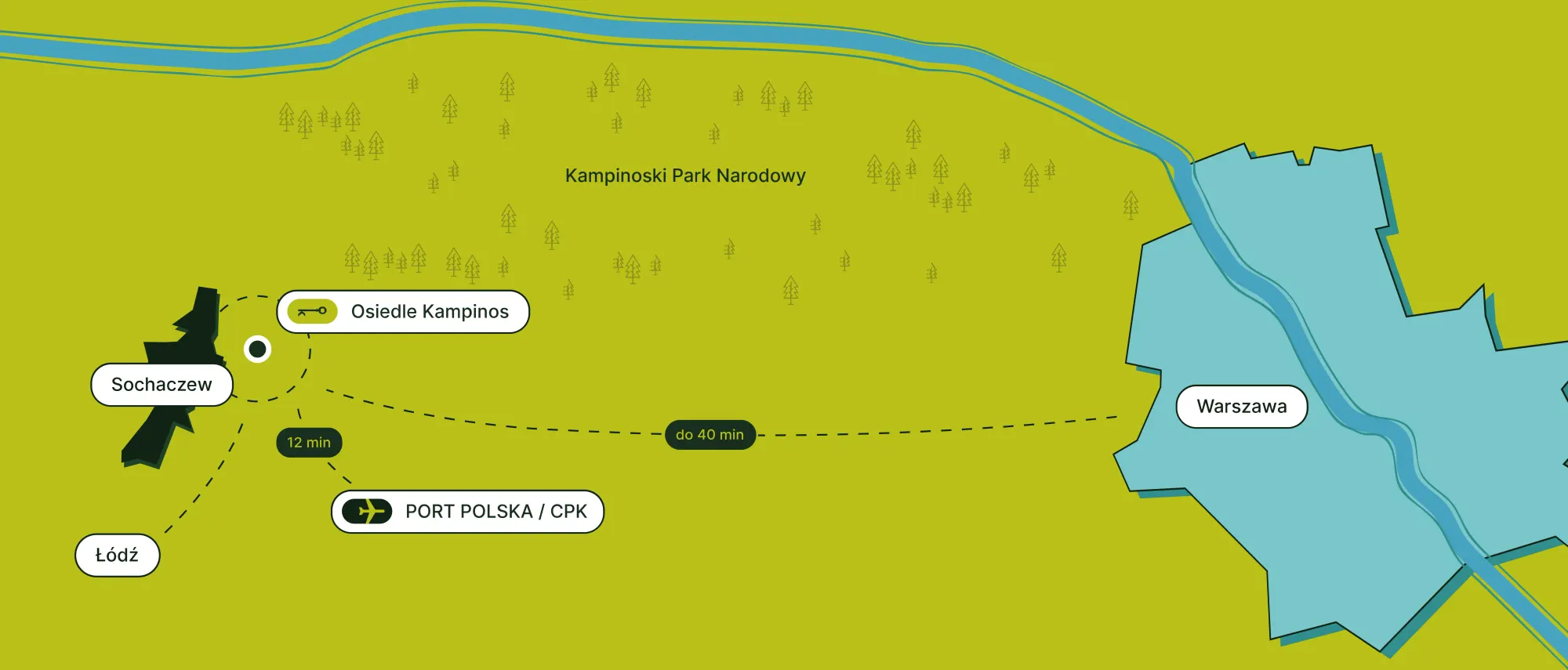Mapa lokalizacji Osiedle Kampinos - odległości do Warszawy, Sochaczewa, Łodzi